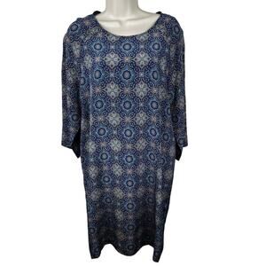 Garnet Hill 100% Silk Shift Dress Paisley Geometric 3/4 Sleeve Blue 8 Classic